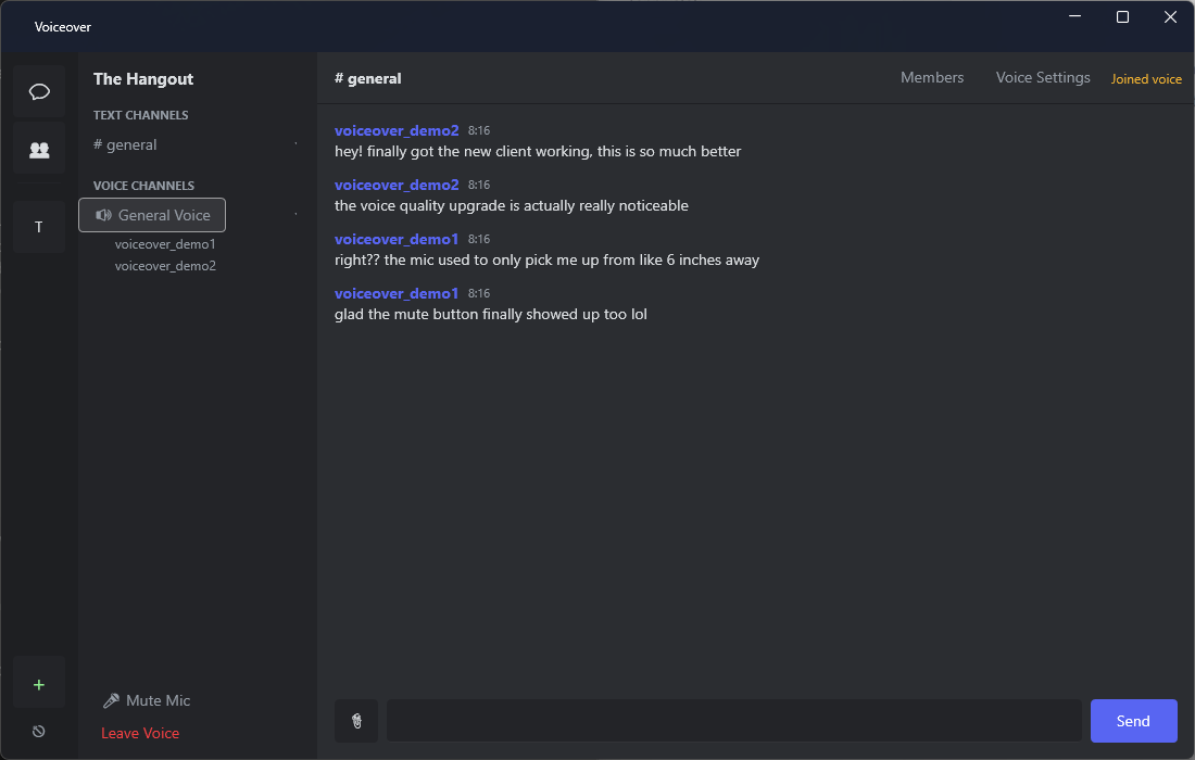 Voice channel with two members connected, mute button visible